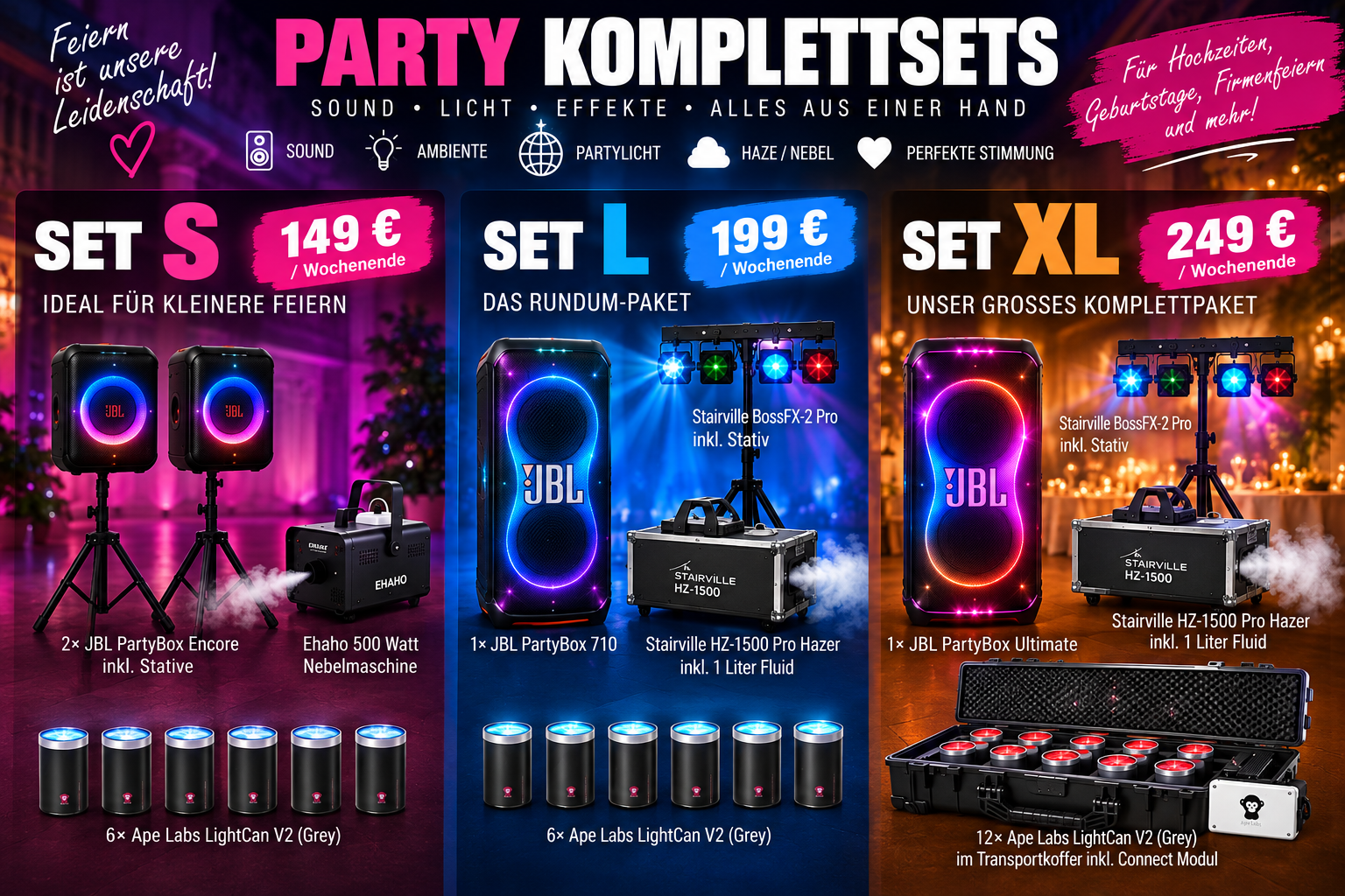 PARTY SET MIETEN | JBL Sound + Ape Labs Licht + Effekte | S-L-XL